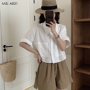 Áo sơ mi linen ngắn tay cổ sen hai túi vuông - A831
