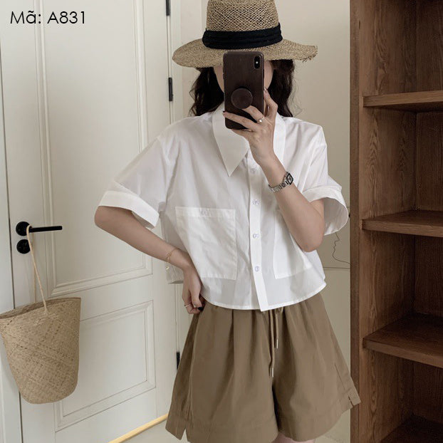 Áo sơ mi linen ngắn tay cổ sen hai túi vuông - A831
