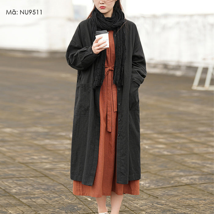 Áo khoác dài tay linen dáng dài đơn sắc hai túi vuông - NU9511