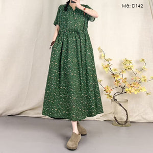 Đầm liền linen ngắn tay in hoa - D142