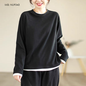 Áo T-shirt nỉ dài tay cổ tròn phối màu đơn sắc - NU9343