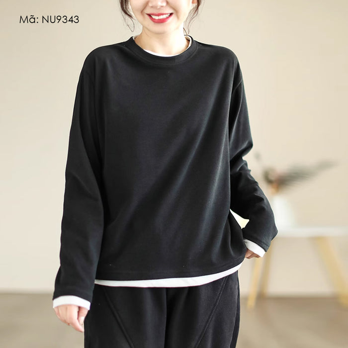 Áo T-shirt nỉ dài tay cổ tròn phối màu đơn sắc - NU9343
