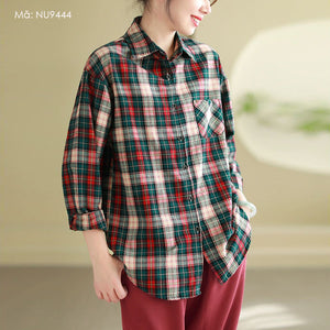 Áo sơ mi dài tay cổ đức kẻ sọc caro một túi form dài - NU9444