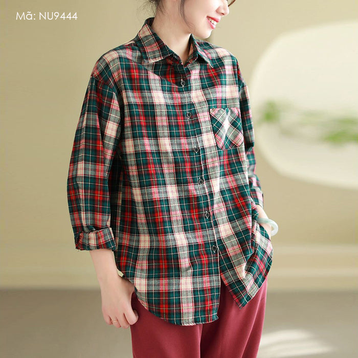 Áo sơ mi dài tay cổ đức kẻ sọc caro một túi form dài - NU9444
