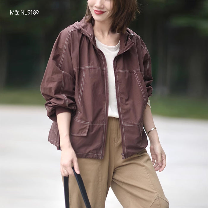 Áo khoác retro dài tay có mũ khóa kéo túi kiểu - NU9189