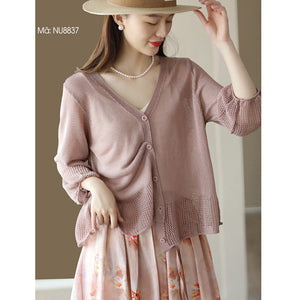 Áo khoác linen cardigan dệt kim dài tay cổ V - NU8837