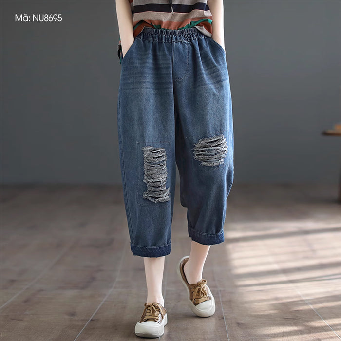 Quần baggy denim lửng kiểu rách gối - NU8695