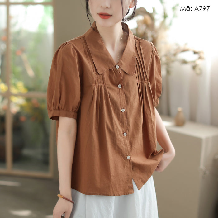 Áo sơ mi ngắn tay cổ cánh sen xếp ly - A797