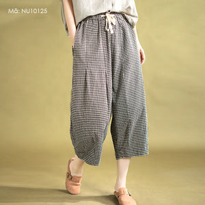 Quần baggy linen lửng lưng thun kẻ caro - NU10125