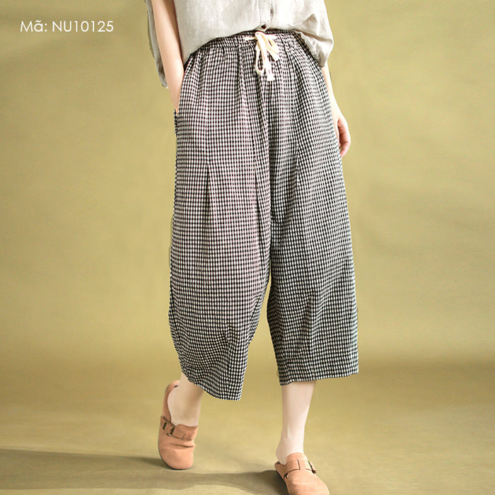 Quần baggy linen lửng lưng thun kẻ caro - NU10125