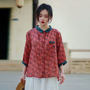 Áo sơ mi linen ngắn tay cổ pipi phối màu in hoa lá - NU9864