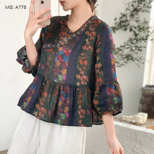 Áo sơ mi linen tay lửng cổ V vạt chéo in hoa lá - A778