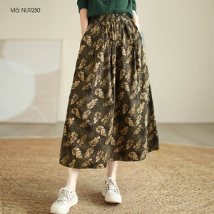 Chân váy linen retro lưng thun in những chiếc lá - NU9250
