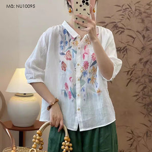 Áo sơ mi linen ngắn tay cổ đức in hoa hồng - NU10095