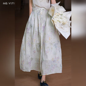 Chân váy linen lưng thun in hoa - V171