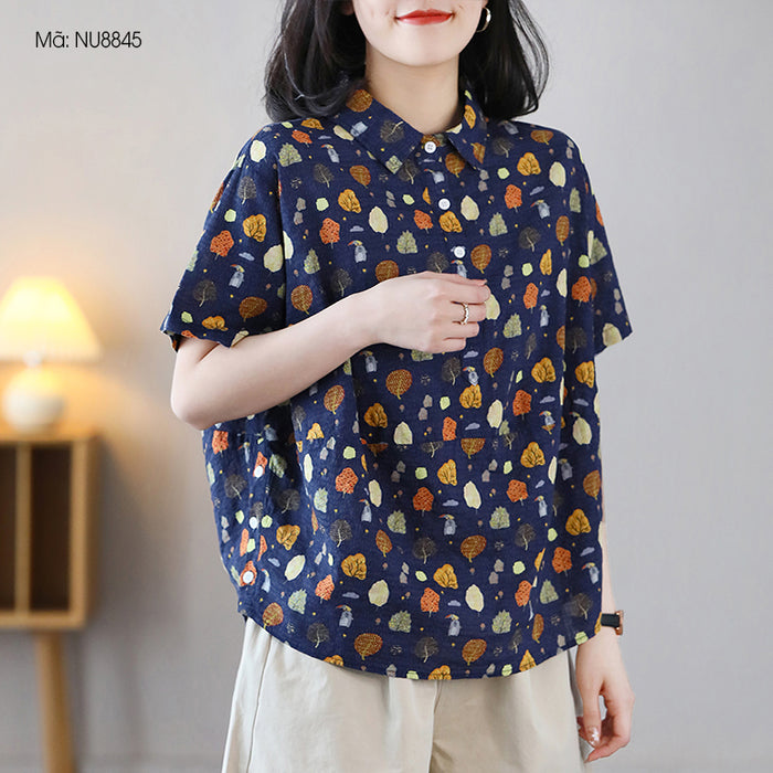 Áo sơ mi ngắn tay cổ đức in hoa lá retro khuy vạt - NU8845