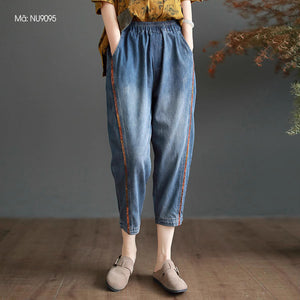 Quần baggy denim lưng thun ống đứng phối line màu - NU9095
