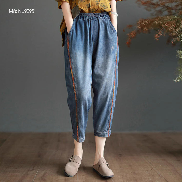 Quần baggy denim lưng thun ống đứng phối line màu - NU9095