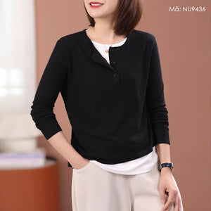 Áo T-shirt dài tay cổ tròn khuy cài một màu - NU9436