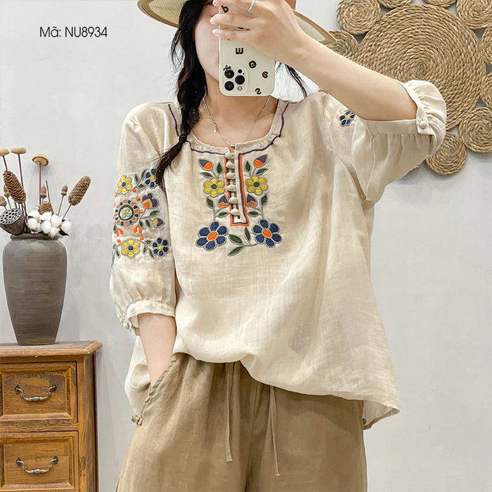 Áo sơ mi linen ngắn tay cổ tròn thêu hoa lá đối xứng - NU8934