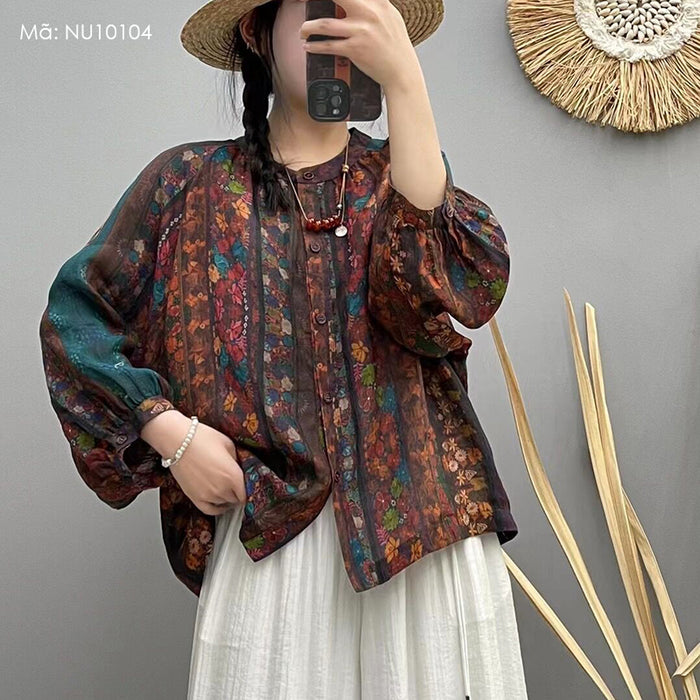 Áo sơ mi linen dài tay cổ đức hoa văn retro - NU10104