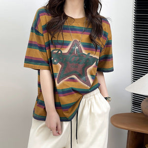 Áo T-shirt ngắn tay cổ tròn kẻ sọc ngôi sao - NU9949