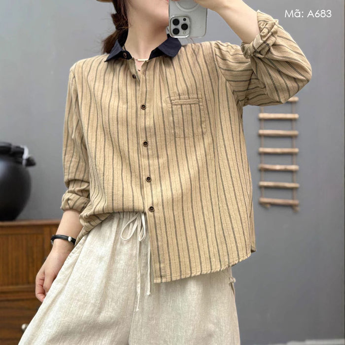 Áo sơ mi linen dài tay cổ đức kẻ sọc một túi - A683