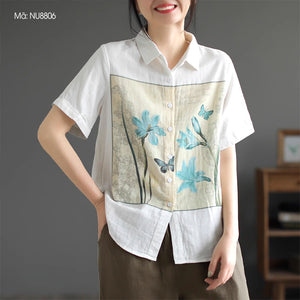Áo sơ mi linen ngắn tay cổ đức in hoa loa kèn - NU8806