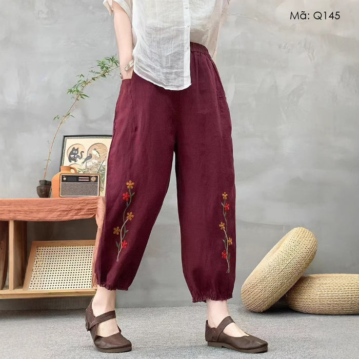 Quần baggy linen lửng lưng thun ống bo thêu hai nhành hoa - Q145