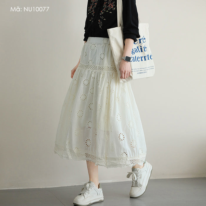 Chân váy linen lưng thun thêu retro hai lớp  - NU10077