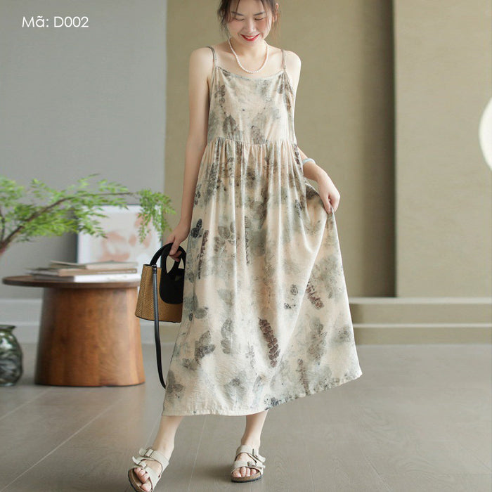 Đầm liền linen hai dây retro in hoa lá màu loang - D002