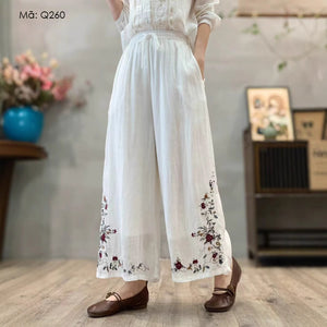 Quần baggy linen lưng thun dây rút ống rộng thêu dây hoa - Q134