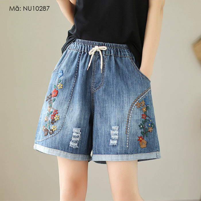 Quần sooc denim lưng thun thêu hoa lá chỉ nổi - NU10287