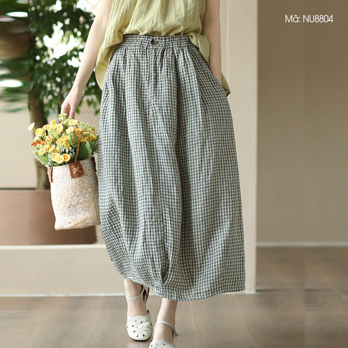 Chân váy linen caro lưng thun khuy cài hai túi chéo - NU8804