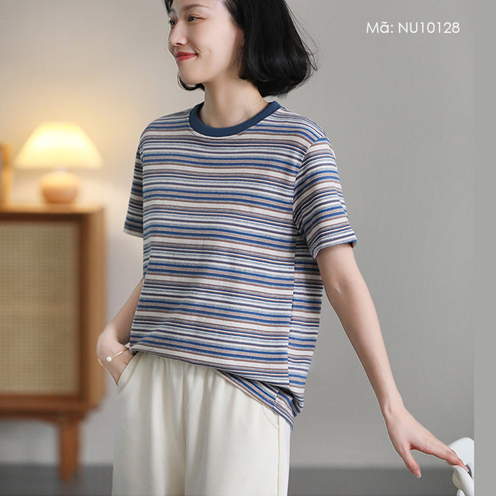 Áo T-shirt ngắn tay cổ tròn kẻ sọc sắc màu - NU10128