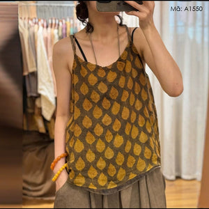 Áo T-shirt linen sát nách in lá phong - A1550