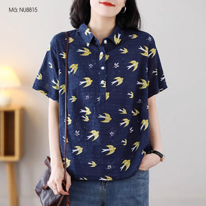 Áo sơ mi linen ngắn tay cổ đức in những chú chim - NU8815