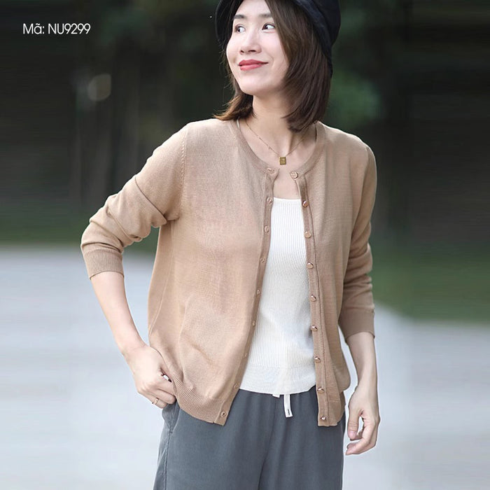 Áo khoác len cardigan dệp kim dài tay cổ tròn nút vàng - NU9299
