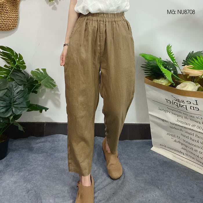 Quần baggy linen lưng thun thêu hoa văn hai túi chéo - NU8708