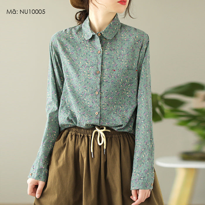Áo sơ mi dài tay cổ pipi in hoa liti một túi - NU10005