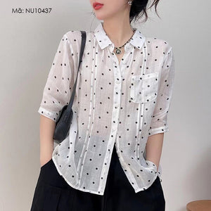 Áo sơ mi linen ngắn tay cổ đức chấm bi một túi - NU10437