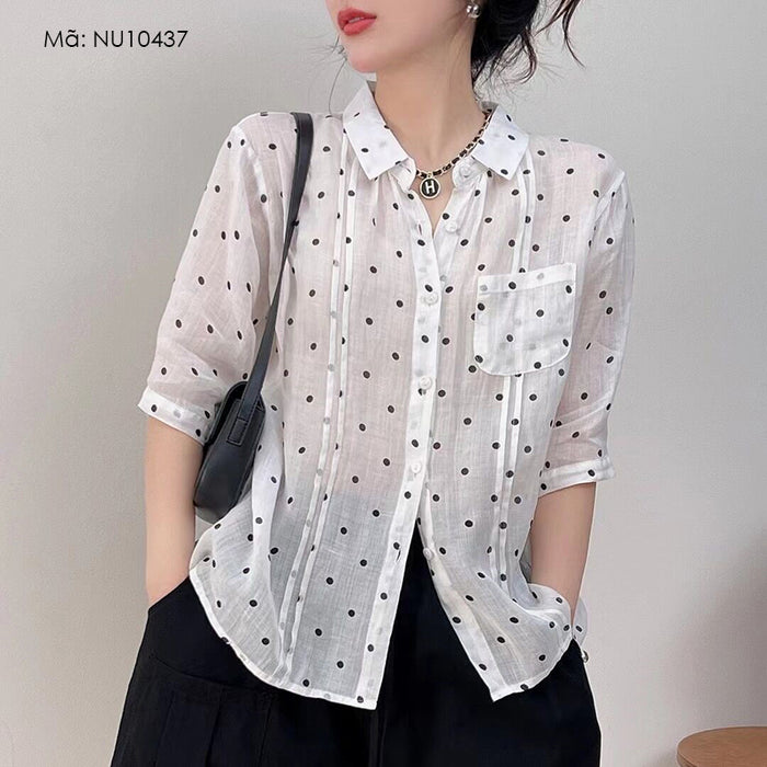 Áo sơ mi linen ngắn tay cổ đức chấm bi một túi - NU10437