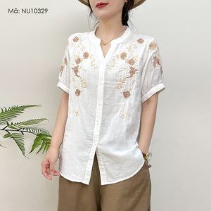 Áo sơ mi linen ngắn tay cổ đứng xẻ V thêu những bông hồng - NU10329