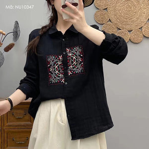 Áo sơ mi linen dài tay cổ đức thêu trang trí ô vuông - NU10347