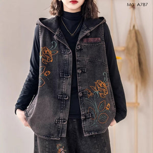 Áo khoác gile denim có mũ thêu hoa hồng - A787