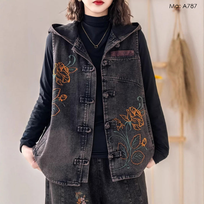 Áo khoác gile denim có mũ thêu hoa hồng - A787