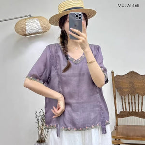 Áo sơ mi linen ngắn tay thêu hoa - A1468