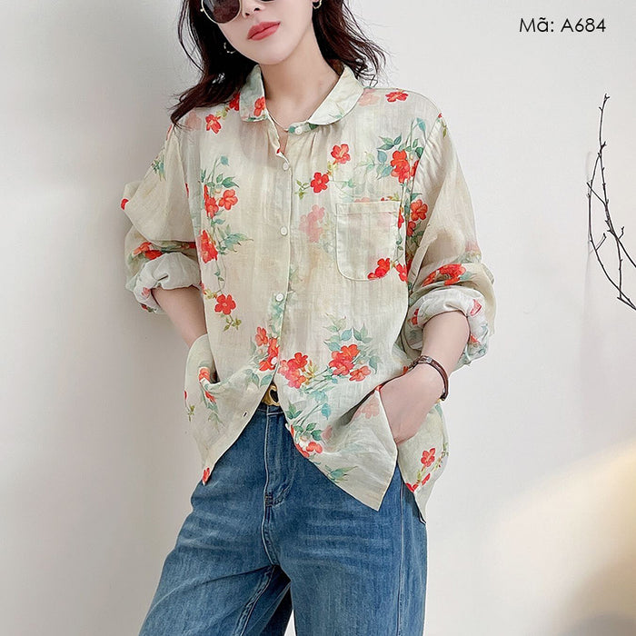Áo sơ mi linen dài tay cổ pipi in hoa đỏ - A684