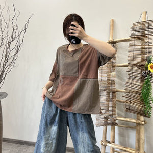 Áo T-shirt linen ngắn tay cổ tròn thêu chiếc lá - A788