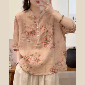Áo sơ mi linen ngắn tay in hoa - A1004